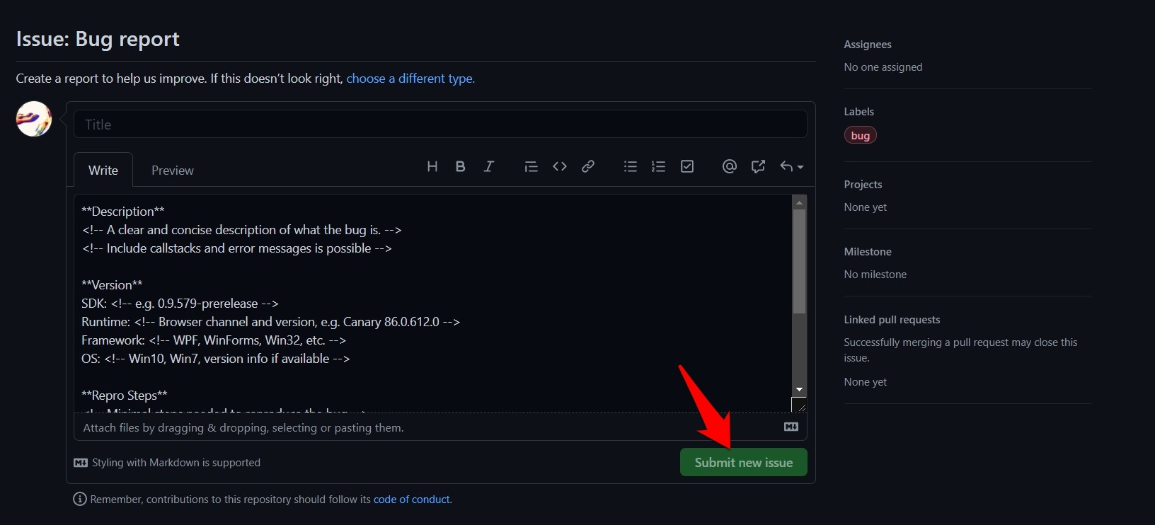 Microsoft Edge bug report template on Github